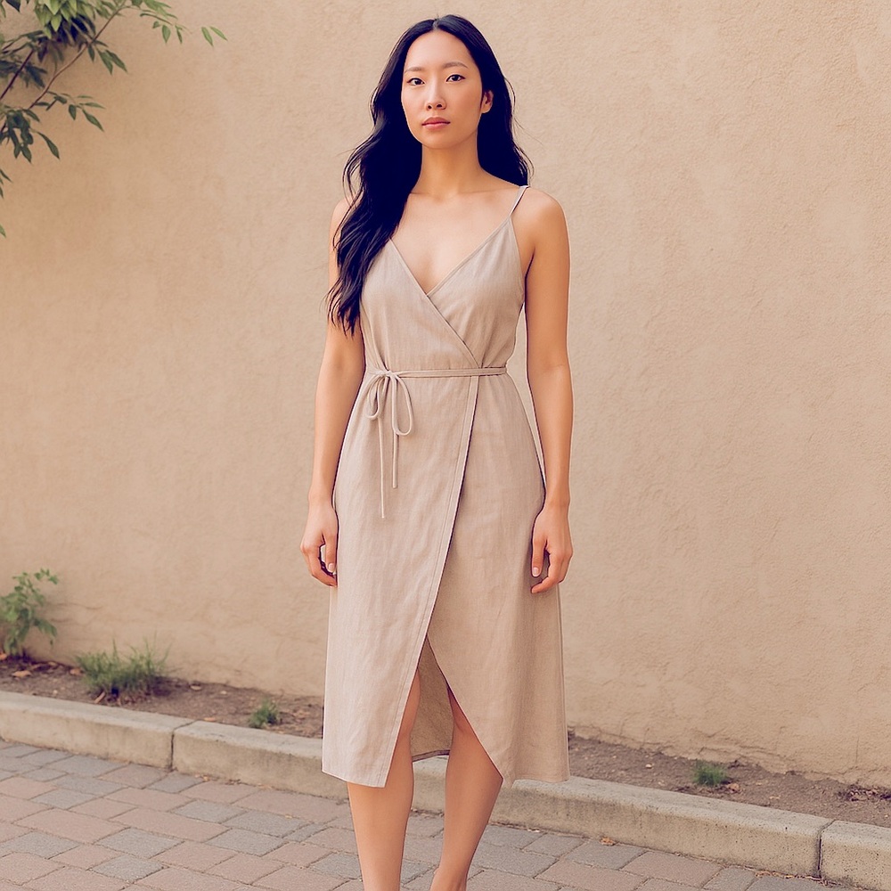 WAYF Beige Linen Cotton Blend Sleeveless
Adjustable Wrap Dress Size S